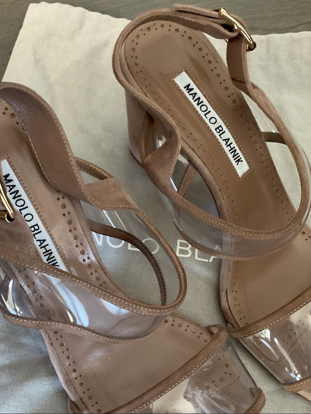 Manolo Blahnik Tan Clear Strappy Block Heels